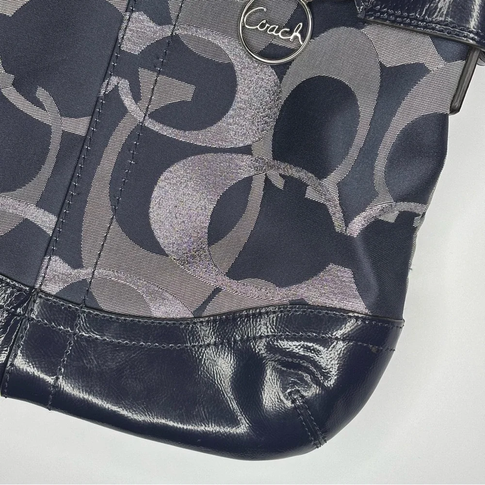 Coach Shoulder Bag Purse Moto Optic Metallic Chain Navy Blue Signature Jaquard